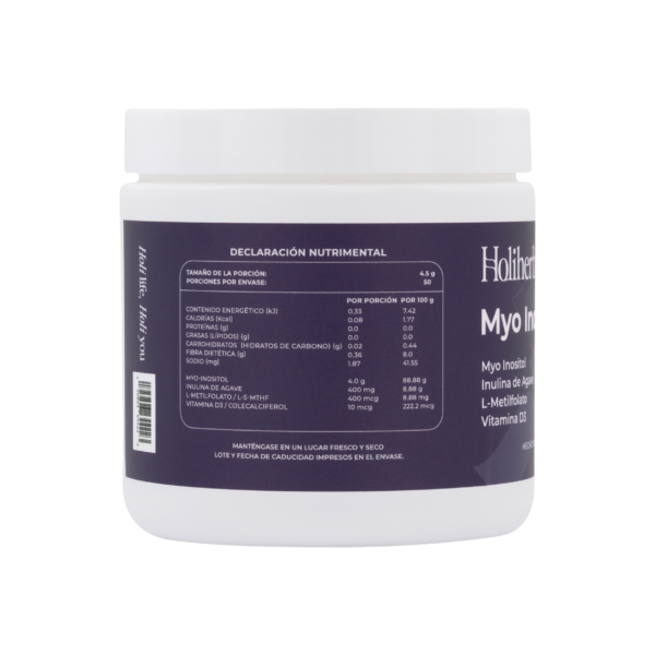 Holiherb Myo Inositol en polvo con Metilfolato. Tabla Nutrimental.