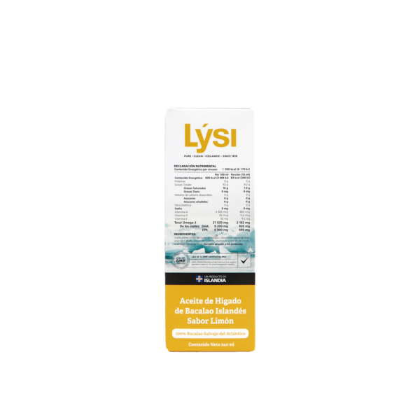 Lysi Omega 3. Aceite de pescado. Parte de atrás de la caja.