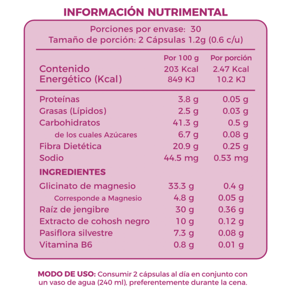 Información nutrimental de 50+ Suplemento alimenticio natural Menopausia.